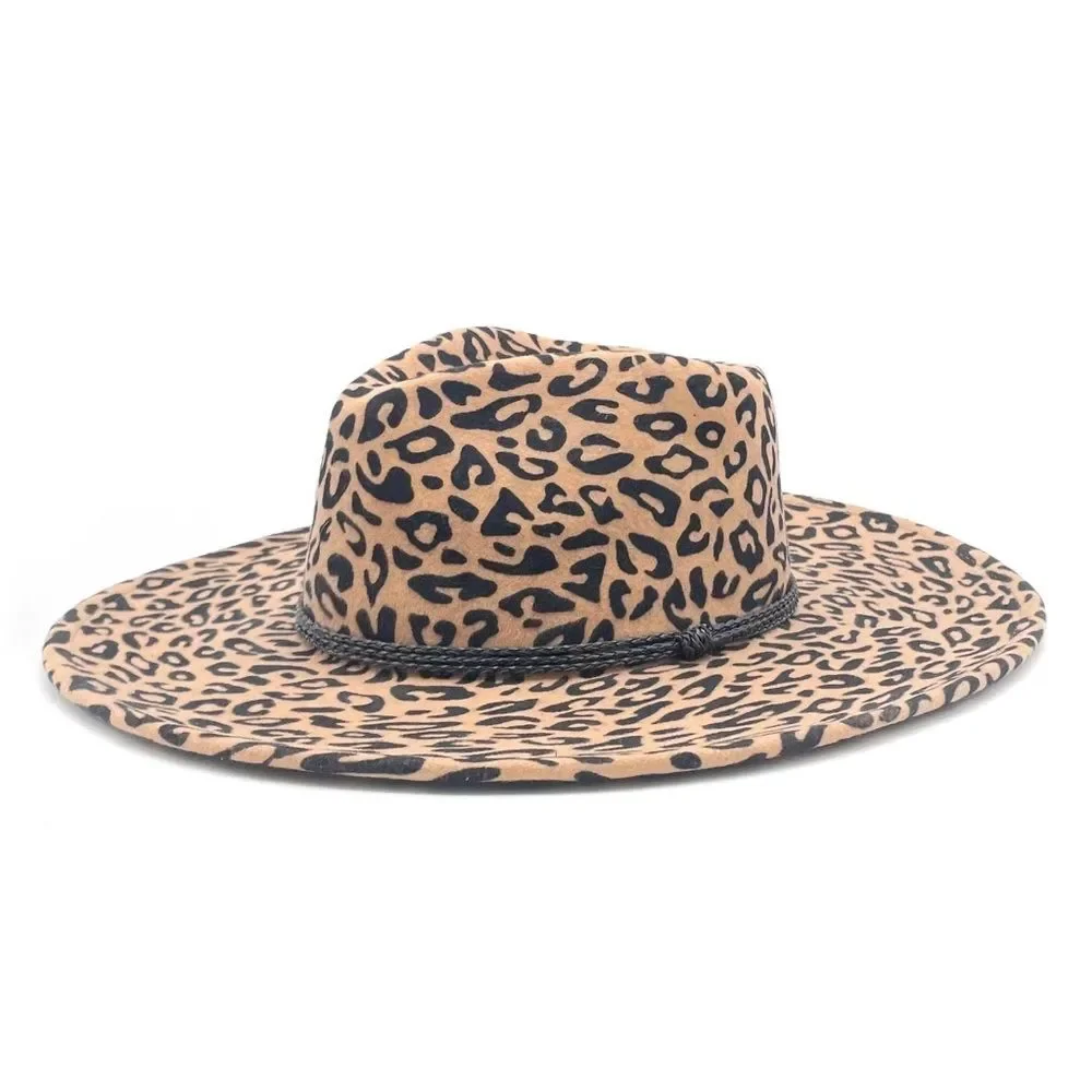 NWT Olive & Pique Leopard Print Wool Wide Brim Fedora Hat Tan Black Boho Fall